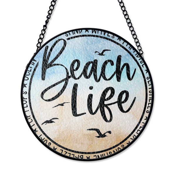 Beach Life Ocean Wave Stained Glass Suncatcher, UV Printed Glass Hanging, Surf Summer Home Gift, Round
