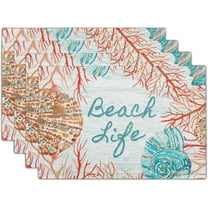 Beach Life Placemats Set of 4-12"x18" Vintage Summer Seashell Conch Place Mat- Colorful Coastal Nautical Coral Linen Washable Table Mats for Kitchen Dining Party Tabletop Decoration