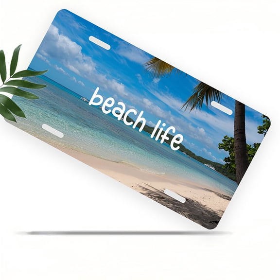 Beach Life Scene Front License Plate, Metal License Plate, Funny Standard Plates Personalized Novelty Decorative For Men/Women/Boys/Girls Car 6×12 Inch
