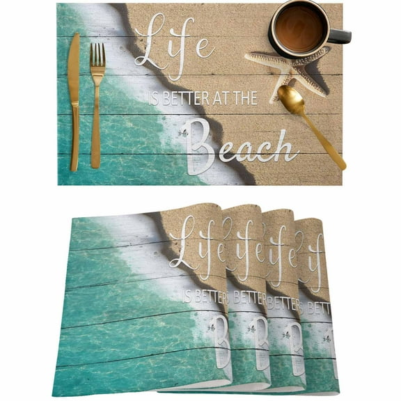 Beach Life Seaside Starfish Sea Water Placemats Set of 4,Wipeable Washable Table Mats for Dining Tables,Sand Coastal Nautical Theme Place Mats for Kitchen Event Party Tabletop Decor