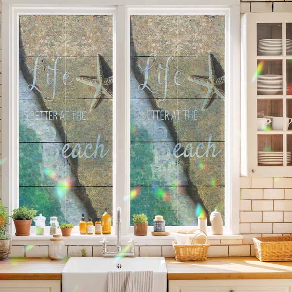 Beach Life Seaside Starfish Sea Water Window Privacy Film,Decorative Windows Static Cling Sand Coastal Nautical Theme Heat Control Removable Glass Sticker for Bathroom Bedroom Window Door,17.7x39.3in