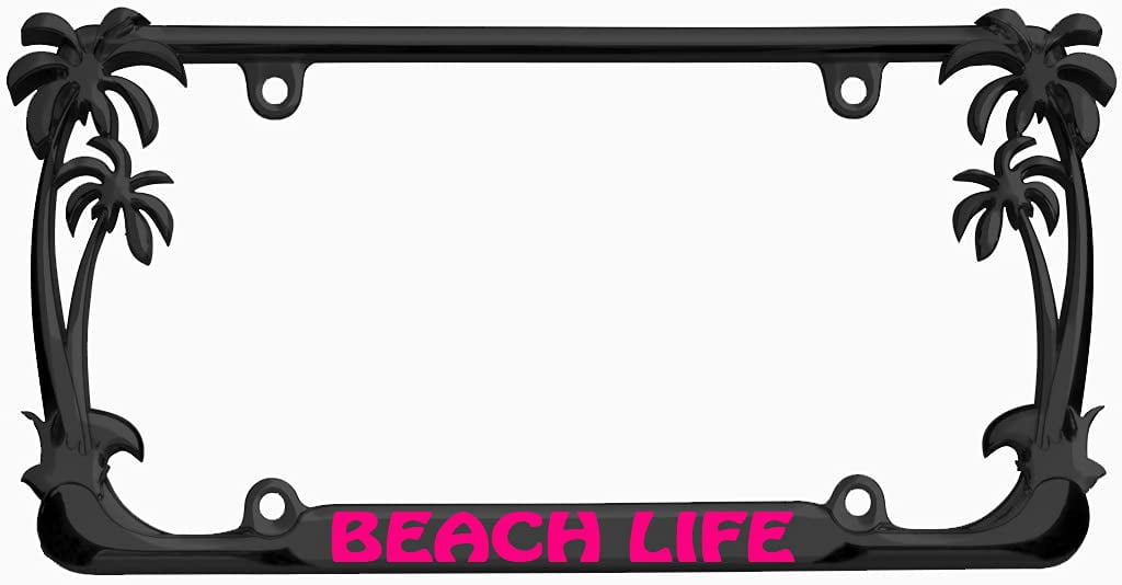 Beach Life Style Palm Tree Heavy Duty Metal License Plate Frame Personalise/Car Accessories Car Tag Holder Cover (Black/D.Pink)