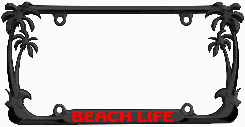 Beach Life Style Palm Tree Heavy Duty Metal License Plate Frame Personalise/Car Accessories Car Tag Holder Cover (Black/Red)
