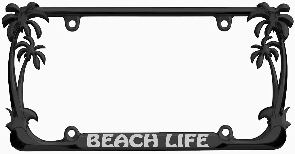 Beach Life Style Palm Tree Heavy Duty Metal License Plate Frame Personalise/Car Accessories Car Tag Holder Cover (Black/Silver)