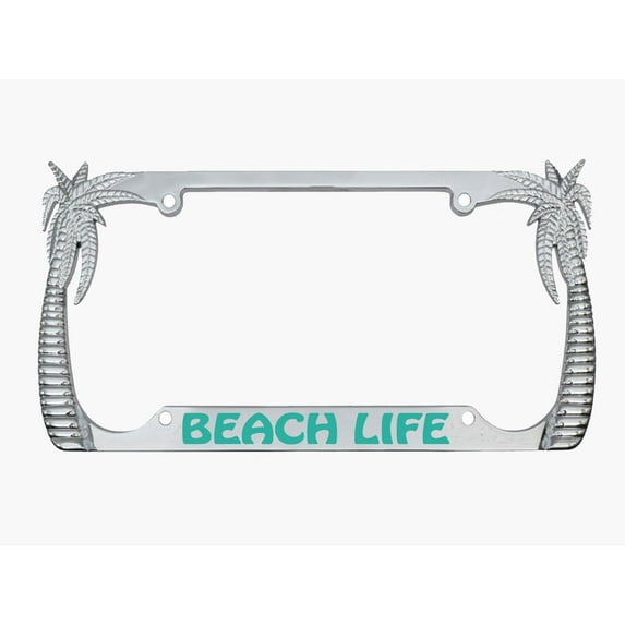 Beach Life Style Palm Tree Heavy Duty Metal License Plate Frame Personalise/Car Accessories Car Tag Holder Cover (Chrome/Turquoise)