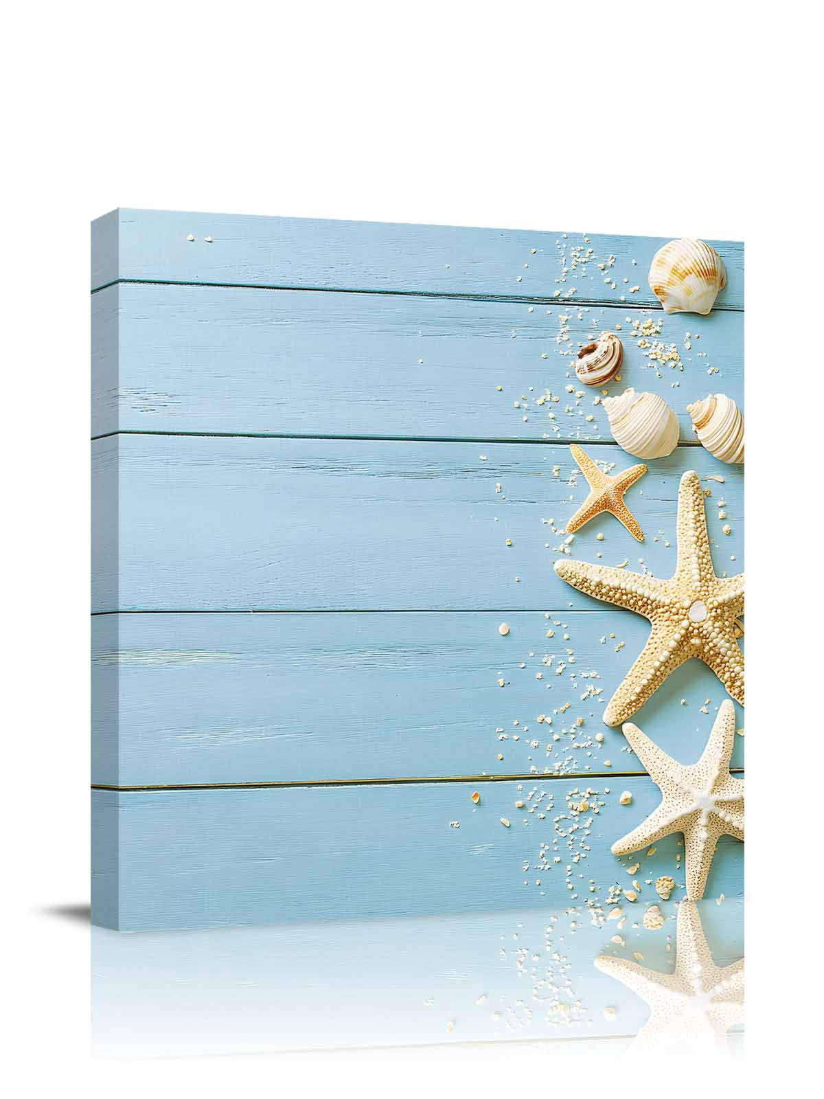 Beach Light Blue Canvas Wall Art, Rustic Ocean Starfish Seashell Wooden Framed Wall Decor Modern Artwork Prints Painting for Living Room, Bedroom, Kitchen & Cafe Decor 16x16 Inch