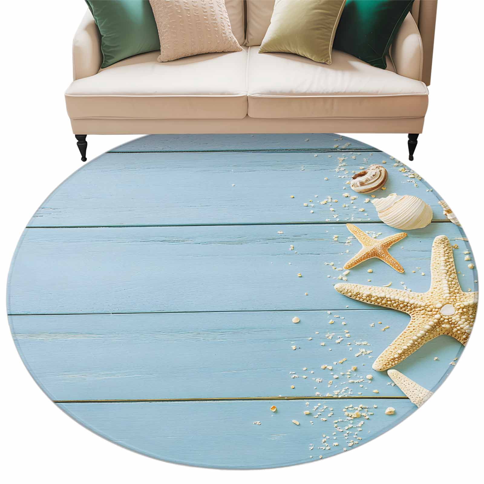 Beach Light Blue Round Area Rug 5ft Rustic Ocean Starfish Seashell ...