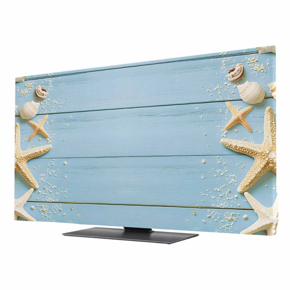 Beach Light Blue TV Dust Cover 40 Inch, Rustic Ocean Starfish Seashell Wooden Computer Monitor Cover Dustproof Stretchable Indoor TV Screen Protector for LED LCD Universal Monitors