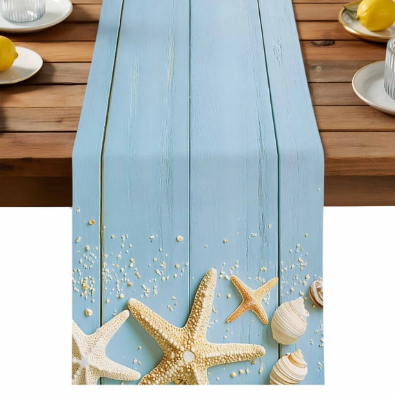 Beach Light Blue Table Runner, Rustic Ocean Starfish Seashell Wooden ...