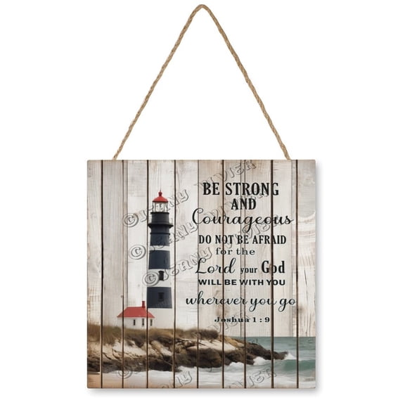 Beach Lighthouse Coastal Bible Verse Scriptures Square Rustic Wood Sign, Hanging Wood Plaque with Rope for Bedroom Living Room Kitchen Bathroom Home Office Decor 12"x12"