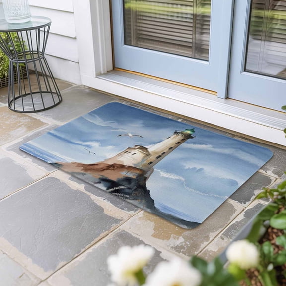 Beach Lighthouse Door Mat Indoor Outdoor, Coastal Ocean Sky Birds Oil Painting Non Slip Welcome Mat with Rubber Backing, Absorbent Fabric Front Door Mats Entryway Rug for Home Patio Entrance 16"x24"