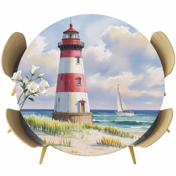 Beach Lighthouse Fitted Tablecloth with Elastic Edged, Round Table Cloth for Dining Table, Coastal Ocean Ship Sky Oil Painting Waterproof Oil Proof Table Cover for Indoor Outdoor 36"-44"