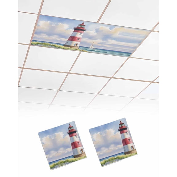 Beach Lighthouse Fluorescent Light Covers for Ceiling Lights 4x2 feet,2 Pack Magnetic Light Filters for Classroom,Coastal Ocean Ship Sky Oil Painting Fluorescent Light Shade Panel for Office School