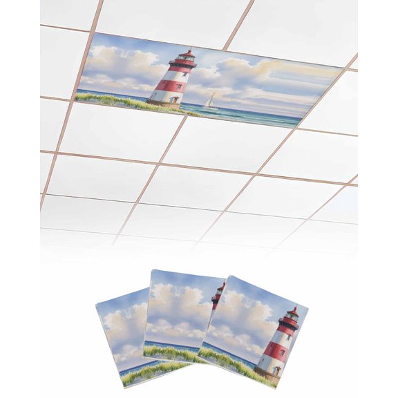 Beach Lighthouse Fluorescent Light Covers for Ceiling Lights 4x2 feet,3 Pack Magnetic Light Filters for Classroom,Coastal Ocean Ship Sky Oil Painting Fluorescent Light Shade Panel for Office School