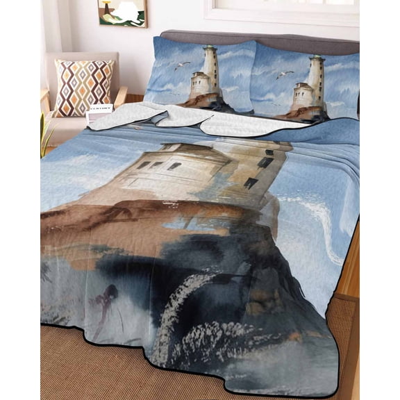Beach Lighthouse Full Size Down Alternative Comforter, Lightweight Comforter Quilt Bedding Set with Pillow Shams Coastal Ocean Sky Birds Oil Painting All Seasons Bed Comforter Duvet Insert 78"x90"