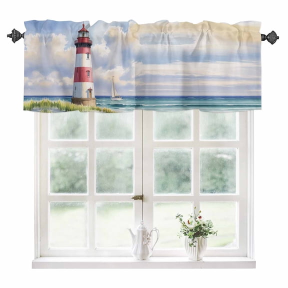 Beach Lighthouse Kitchen Valances for Windows 42x12 Inch Kitchen Curtains Valances Rod Pocket Coastal Ocean Ship Sky Oil Painting Bathroom Window Valances for Window Treatment Decor