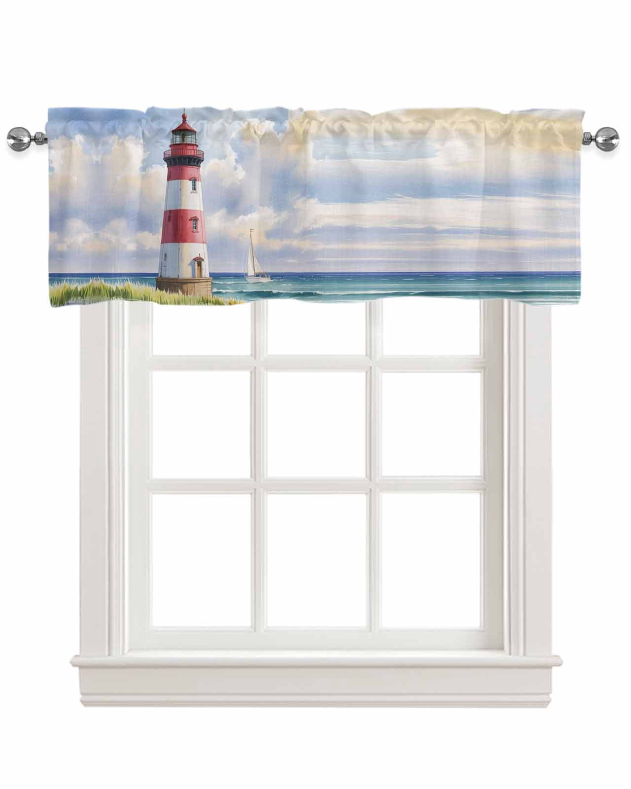 Beach Lighthouse Kitchen Valances for Windows Farmhouse Linen Window