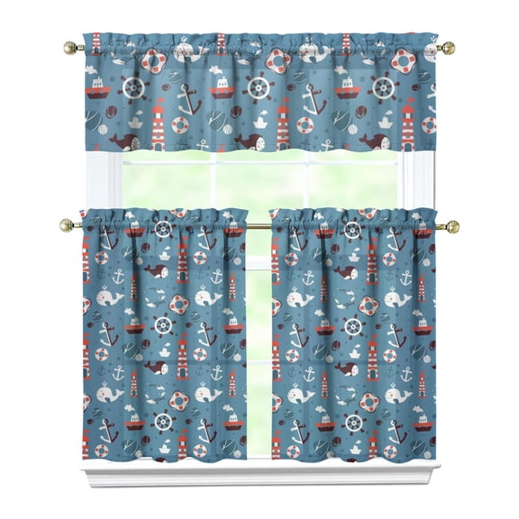 Beach Lighthouse Nautical Curtains Set Anchor Boat Ocean Coastal Compass Tide Horizon Helm Rudder Mast Beacon Sail Vessel Sailor Marine Voyage Summer Coral Maritime Seaside Curtain Set