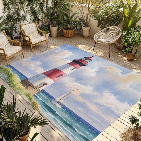 Beach Lighthouse Outdoor Rug 5x7 Ft - Reversible Patio Rug Outdoor Camping Rugs, Coastal Ocean Ship Sky Oil Painting Washable Indoor Outdoor Area Rugs, Non-Slip Outdoor Carpet Runner for Deck/Porch