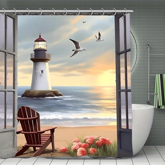 Beach Lighthouse Print Shower Curtain,Modern Fabric Waterproof Shower Curtain Set with Hooks,70.8×70.8Inch