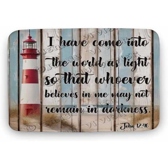 Beach Lighthouse - Religious Scripture Flannel Bathroom Rug 20"x32" Bath Rug Lighthouse Indoor Rug Ocean Scene Decor Non Slip Backing Washable Floor Comfortable Rug for Home Office