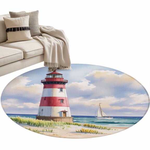 Beach Lighthouse Round Area Rug 4 FT, Non Slip Indoor Outdoor Rug, Coastal Ocean Ship Sky Oil Painting Washable Soft Circular Carpet Non-Shedding Floor Mat for Coffee Table Nursery Foyer Balcony