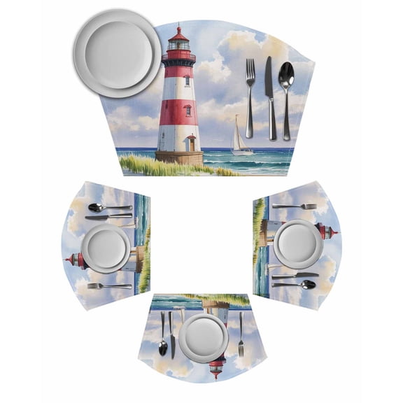 Beach Lighthouse Round Placemats Set of 2, Coastal Ocean Ship Sky Oil Painting Placemats for Round Dining Table Shape Wedge Placemats for Outdoor Indoor Wipeable Clean Table Place Mats
