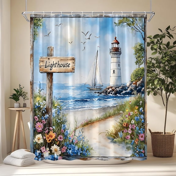 Beach Lighthouse Shower Curtain Tropical Coastal Floral Plants Hawaii Seashores Nautical Sailboat Natural Seascape Bathroom Decor Set with Hooks-72"W x 72"L (Pack of 1)