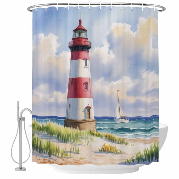 Beach Lighthouse Shower Curtain, Waterproof Shower Curtains for Bathroom, Coastal Ocean Ship Sky Oil Painting Washable Fabric Bathtub Curtain Set Bath Decor with 12 Hooks Long 72"x84"