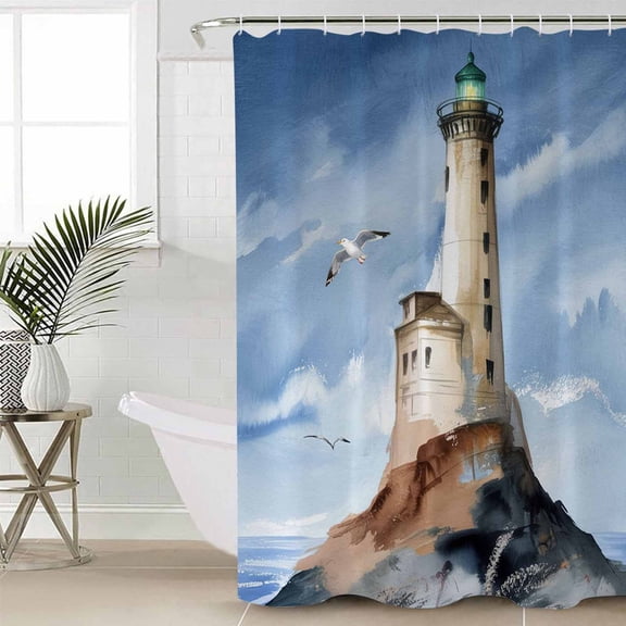 Beach Lighthouse Small Stall Shower Curtain, Waterproof Shower Curtains for Bathroom, Coastal Ocean Sky Birds Oil Painting Washable Fabric Cloth Bath Curtain for Bathtub with Hooks 36x78 Inches