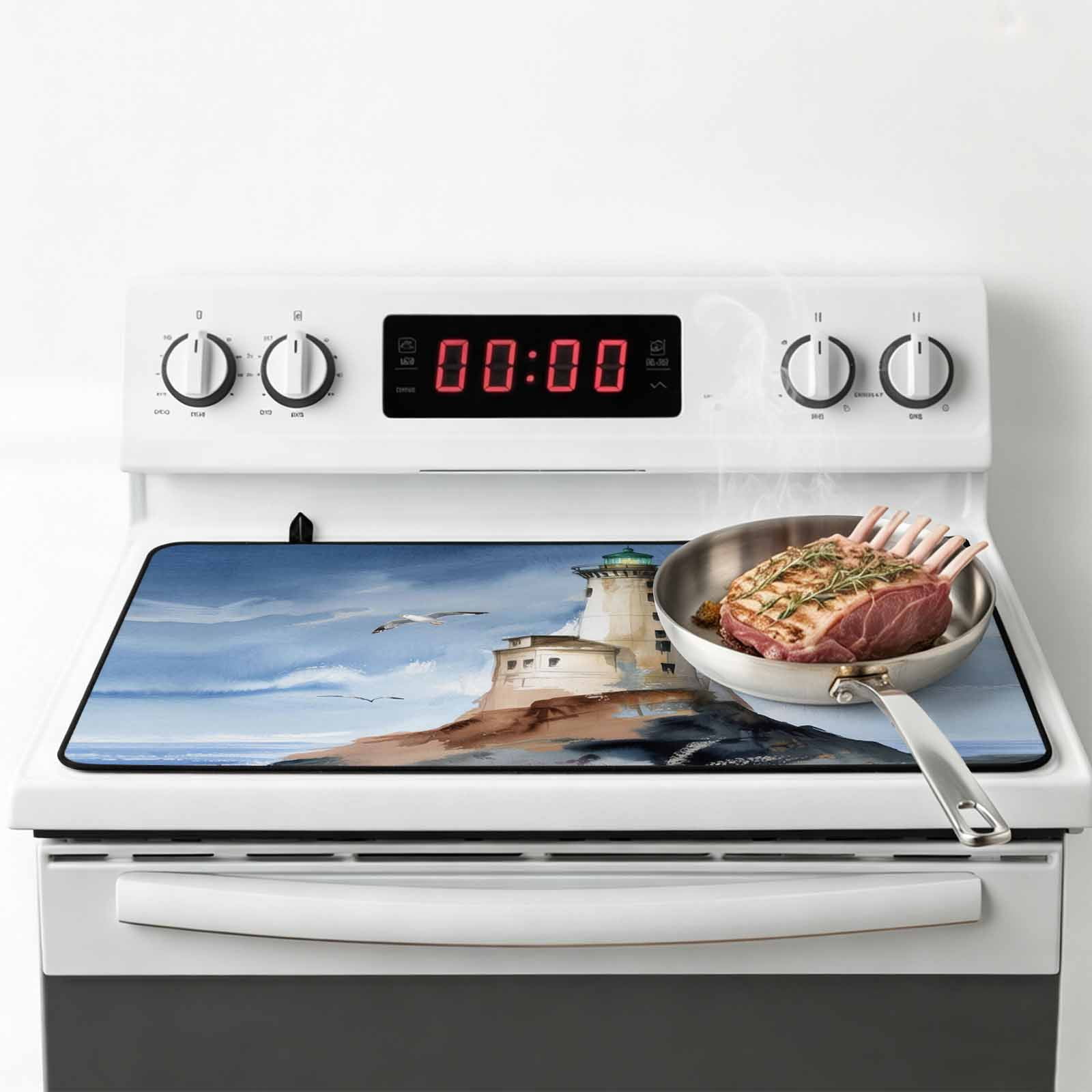 Beach Lighthouse Stove Top Cover for Electric Stove, Heat-proof & Non Slip Glass Top Stove Cover Protector, Coastal Ocean Sky Birds Oil Painting Kitchen Flat Cooktop Rubber Mat 24x21 Inches