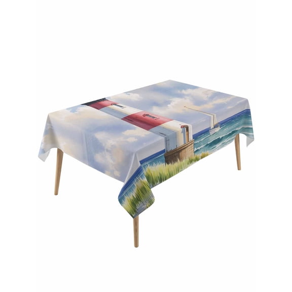 Beach Lighthouse Table Cloth, Coastal Ocean Ship Sky Oil Painting Waterproof Tablecloth for Rectangle Tables, Reusable Washable Fabric Table Cover for Restaurant Kitchen Dining Tables 60"x120"