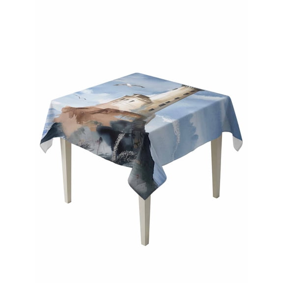 Beach Lighthouse Table Cloth, Coastal Ocean Sky Birds Oil Painting Waterproof Tablecloth for Square Tables, Reusable Washable Fabric Table Cover for Restaurant Kitchen Dining Tables 60"x60"