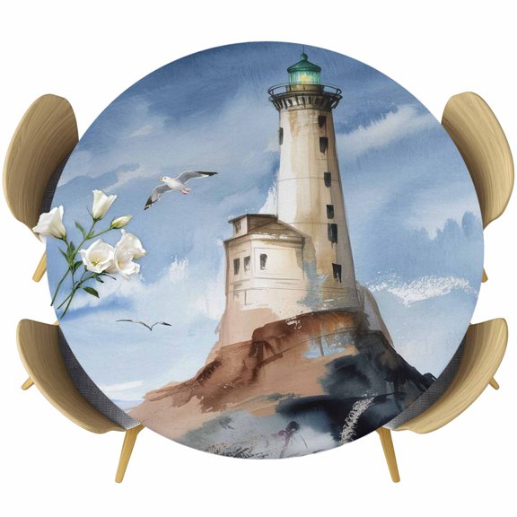 Beach Lighthouse Table Cloth, Round Fitted Tablecloths with Elastic Edge, Coastal Ocean Sky Birds Oil Painting Wipeable Waterproof Table Cover for Kitchen Wedding 55-60 Inches