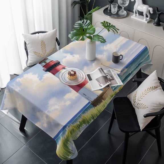 Beach Lighthouse Table Cloth Waterproof Tablecloths, Coastal Ocean Ship Sky Oil Painting Tablecloth Dining Table Cover for Kitchen Party Tabletop Outdoor, Rectangle Tablecloth 60x120 Inch