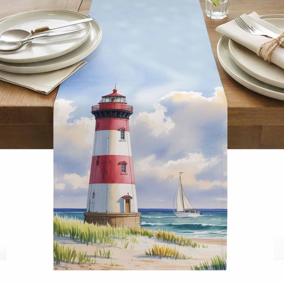 Beach Lighthouse Table Runner - 36 Inch Long, Kitchen Dining Table Runner Dresser Scarves, Coastal Ocean Ship Sky Oil Painting Farmhouse Decor for Coffee Tables Wedding Party Banquet