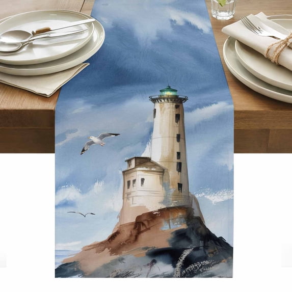 Beach Lighthouse Table Runner - 90 Inch Long, Kitchen Dining Table Runner Dresser Scarves, Coastal Ocean Sky Birds Oil Painting Farmhouse Decor for Coffee Tables Wedding Party Banquet