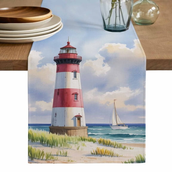 Beach Lighthouse Table Runner, Coastal Ocean Ship Sky Oil Painting Washable Cotton Linen Table Runners 72 Inches Long, Dresser Scarf Runner for Dining/Coffee/Kitchen/TV Stands/Cabinets 13''x72''