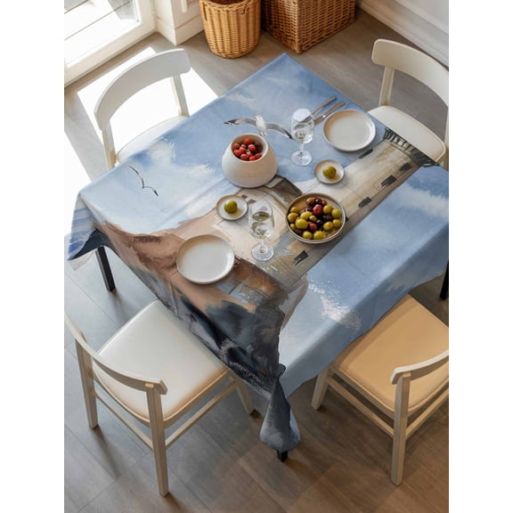 Beach Lighthouse Tablecloth Square Table Cloth 54x54, Waterproof Tablecloth Outdoor Table Cloth, Coastal Ocean Sky Birds Oil Painting Washable Table Cover for Kitchen Dinning Party