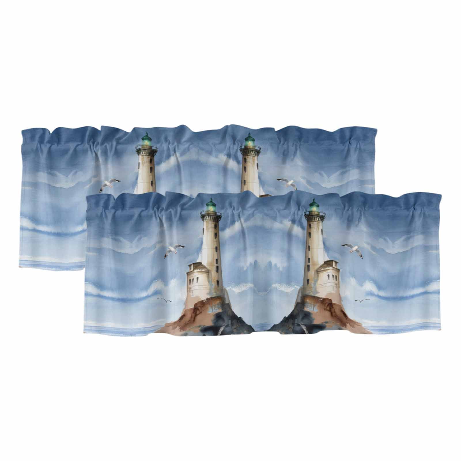 Beach Lighthouse Valances for Windows, Coastal Ocean Sky Birds Oil