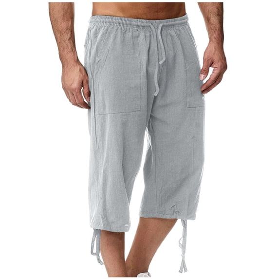 Beach Linen Capris for Men Casual Drawstring Wide Leg Lounge Summer Vacation Capri Pants with Pockets Gray, S