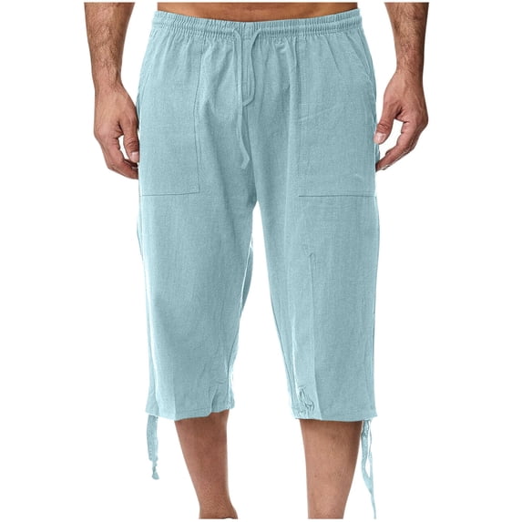 Beach Linen Capris for Men Casual Drawstring Wide Leg Lounge Summer Vacation Capri Pants with Pockets Sky Blue, XL