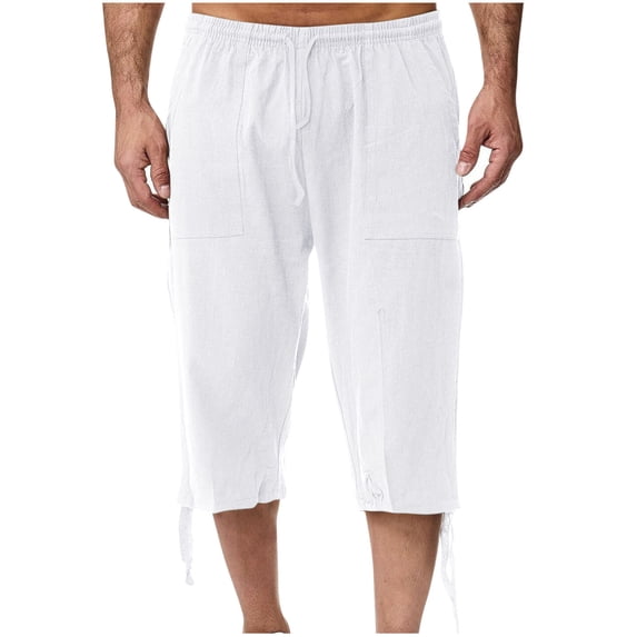 Beach Linen Capris for Men Casual Drawstring Wide Leg Lounge Summer Vacation Capri Pants with Pockets White, L