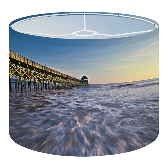 Beach Linen Drum Lampshades Folly Beach Pier SC Coast Atlantic Ocean Pastel Sunrise 13"x13"x10" Light Shade for Table Lamps Floor Lamps Drum Lamp Shades Lampshade Replacement Assembly Required