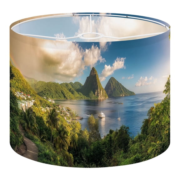 Beach Linen Drum Lampshades St Lucia Caribbean Sea Pitons Rainbow 13"x13"x10" Light Shade for Table Lamps Floor Lamps Drum Lamp Shades Lampshade Replacement Assembly Required