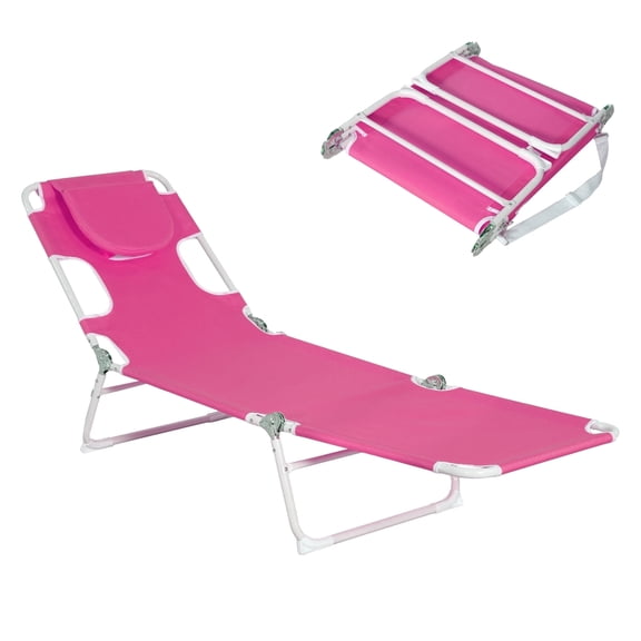 FHFO Beach Lounge Chair,Folding Reclining Outdoor Chaise,Portable Adjustable Patio Recliner,Steel Frame&Oxford Cloth,for Lawn Pool Garden,Pink