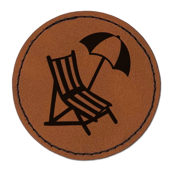 Beach Lounge Chair and Umbrella 2.5" Faux Leather Round Engraved Iron-On Patch - Brown