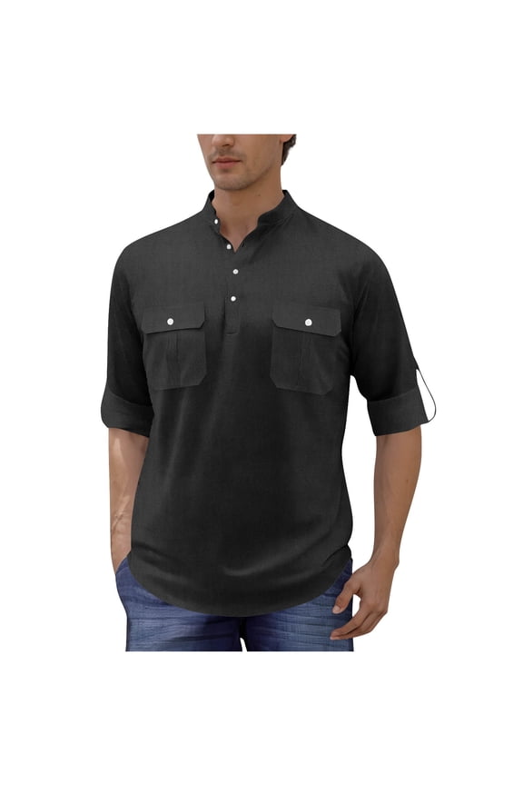 Beach Lounge Tee Shirts for Man Summer Fall Long Sleeve Collared Neck Faux Gauze Linen Hawaiian Tops Shirts Man 2026 Clothing Fashion Regular Fit