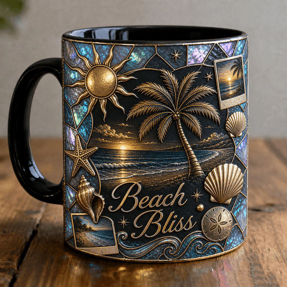 Beach Lover Mug 3D Effect with Palm Tree, Shell & Sun Coastal Gold Design