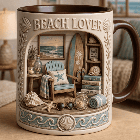 Beach Lover Mug with Seashell & Ocean Wave Design, Coastal Gift for Beach Fans